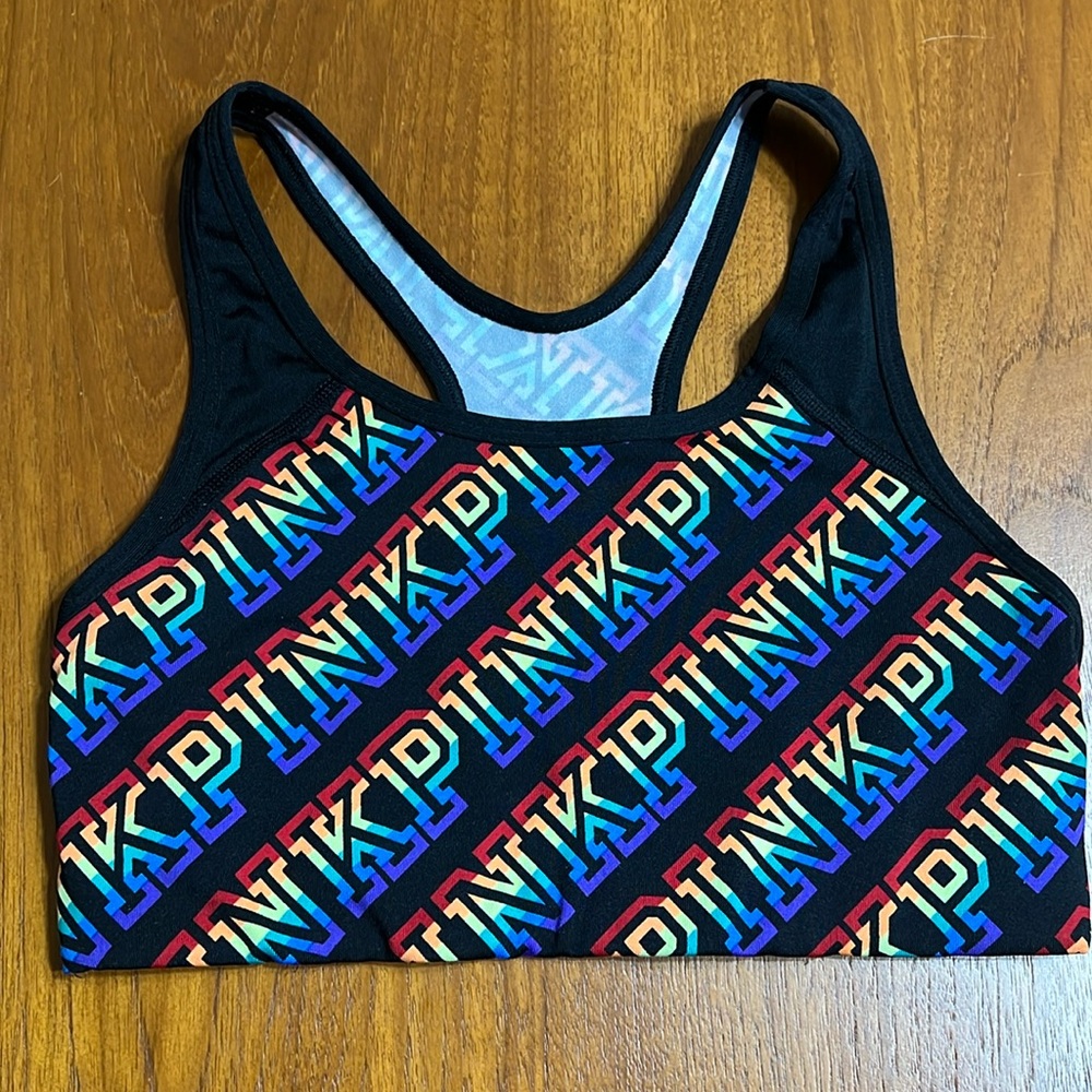 PINK Victoria Secrets Sports Logo Bra Black Rainbow